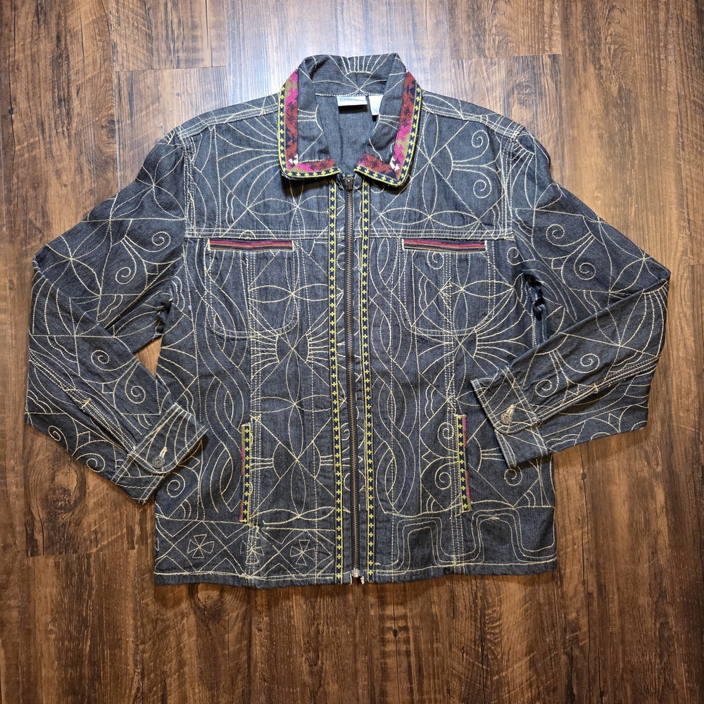 Chico's Dark Jean Jacket with Gold and Red Details Chicos Size 1